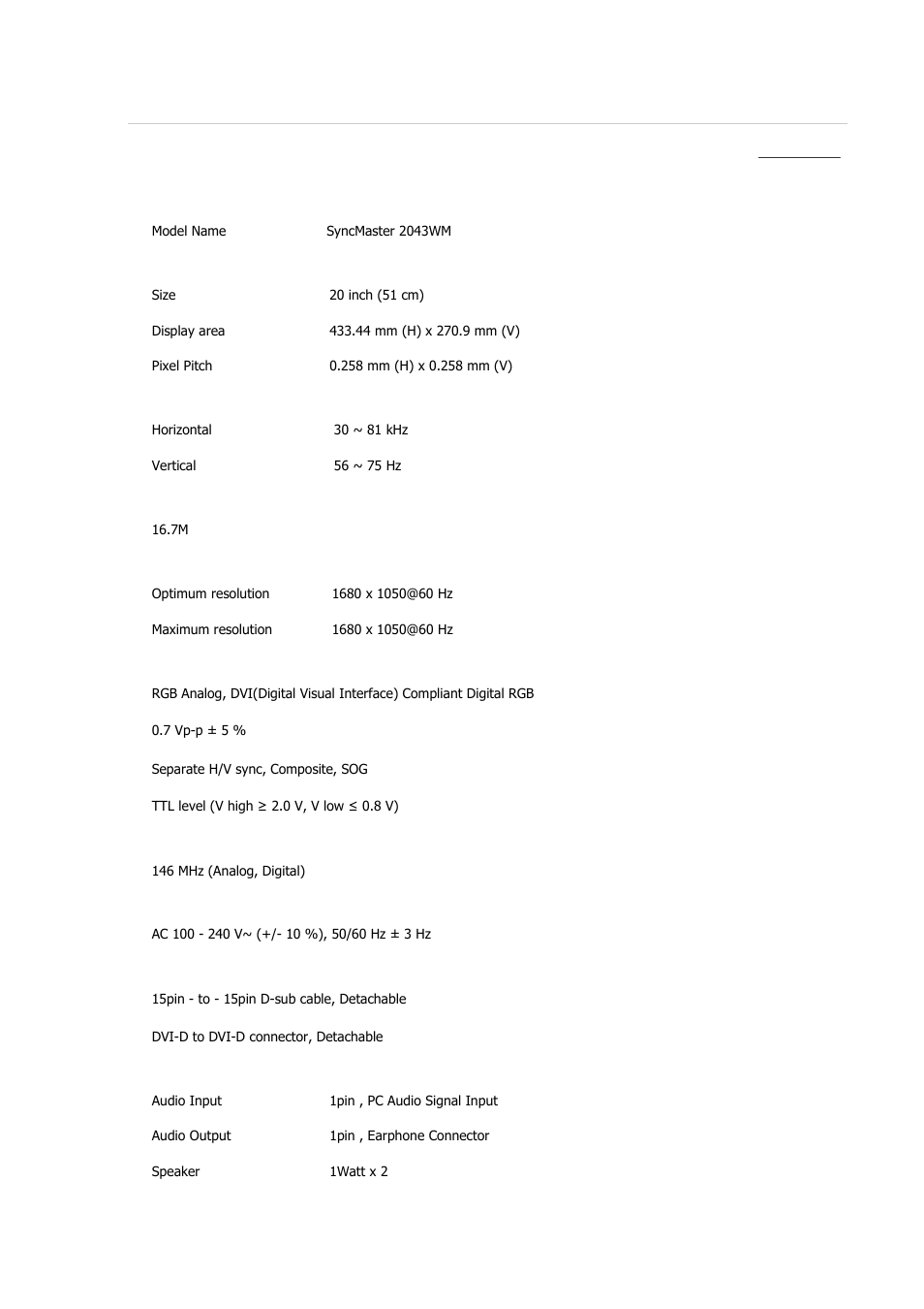 Syncmaster 2043wm, Specifications, General | Samsung 2243QW User Manual | Page 353 / 564