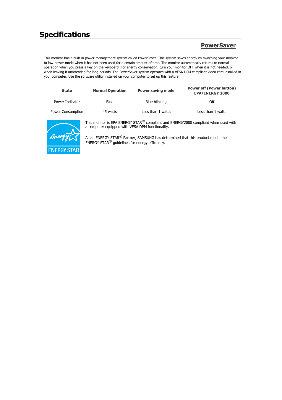 Specifications, Powersaver | Samsung 2243QW User Manual | Page 363 / 564
