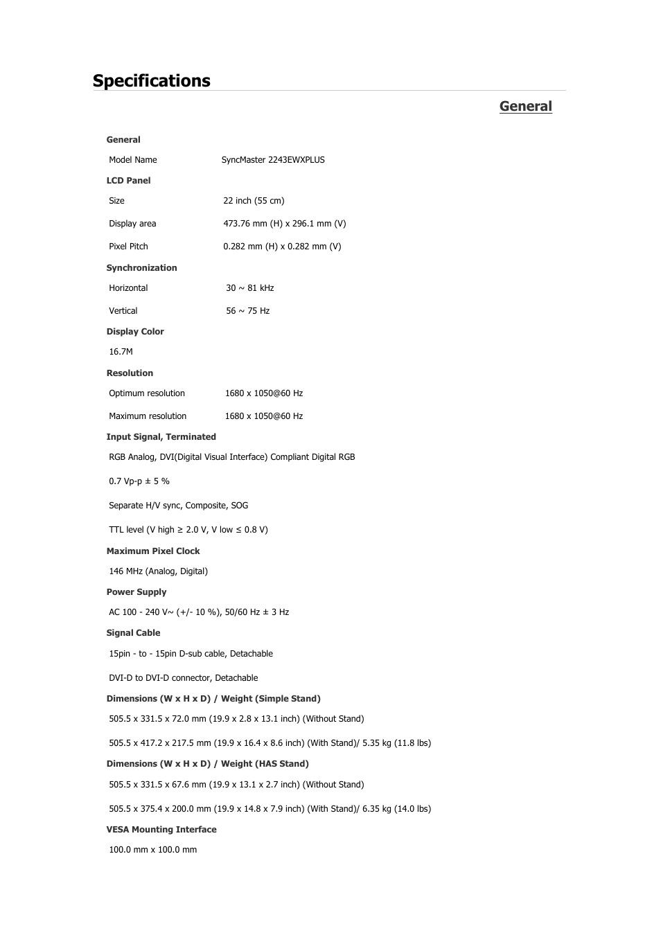 Syncmaster 2243ewxplus, Specifications, General | Samsung 2243QW User Manual | Page 393 / 564
