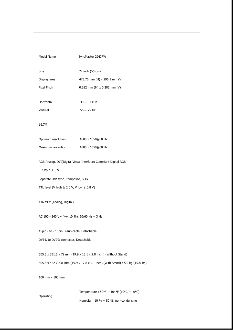 Syncmaster 2243fw, Specifications, General | Samsung 2243QW User Manual | Page 397 / 564