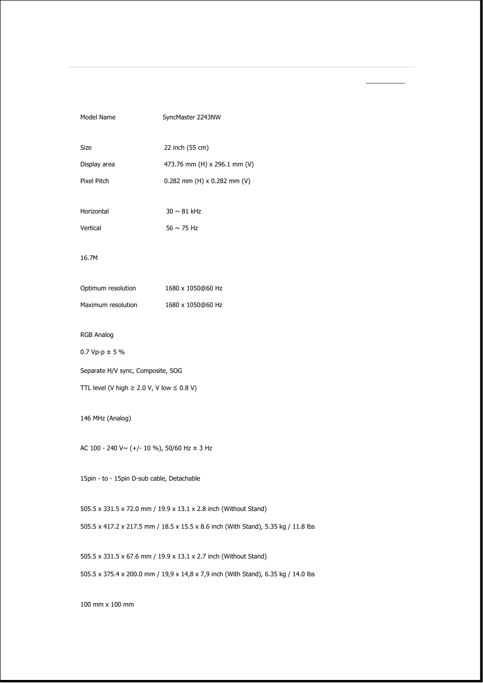 Syncmaster 2243nw, Specifications, General | Samsung 2243QW User Manual | Page 409 / 564
