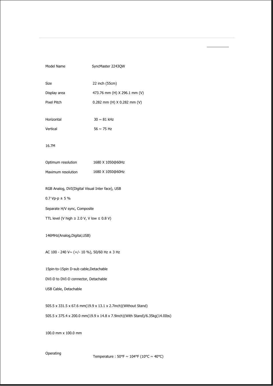 Syncmaster 2243qw, Specifications, General | Samsung 2243QW User Manual | Page 425 / 564