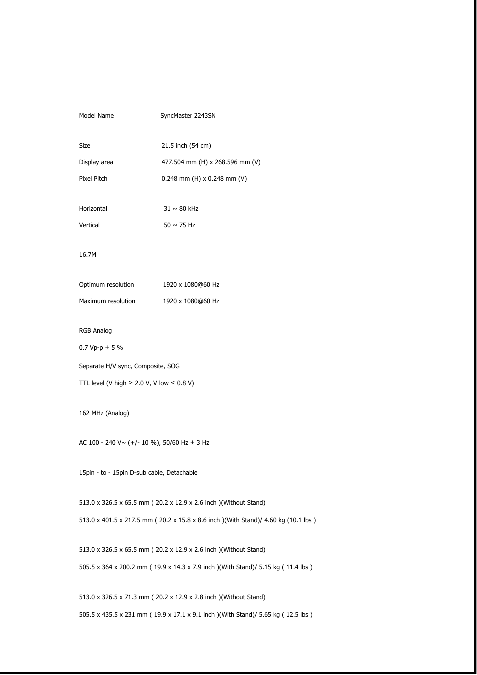 Syncmaster 2243sn, Specifications, General | Samsung 2243QW User Manual | Page 433 / 564