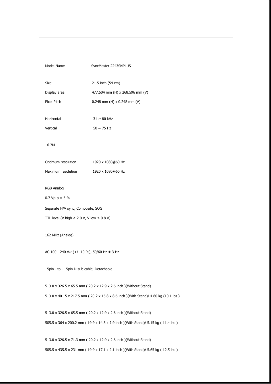 Syncmaster 2243snplus, Specifications, General | Samsung 2243QW User Manual | Page 437 / 564