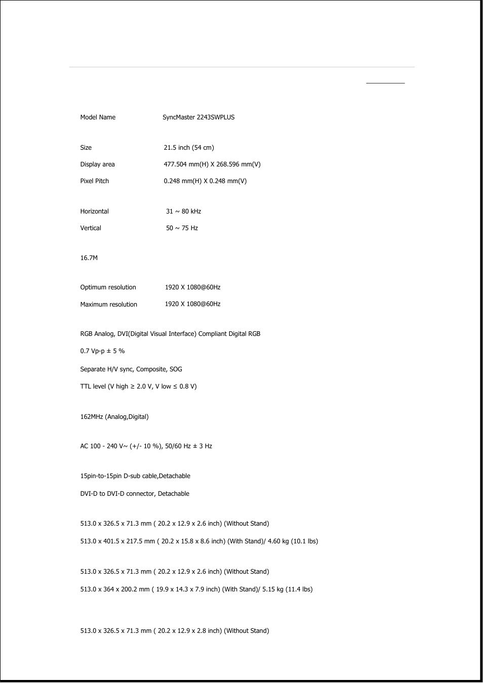 Syncmaster 2243swplus, Specifications, General | Samsung 2243QW User Manual | Page 453 / 564