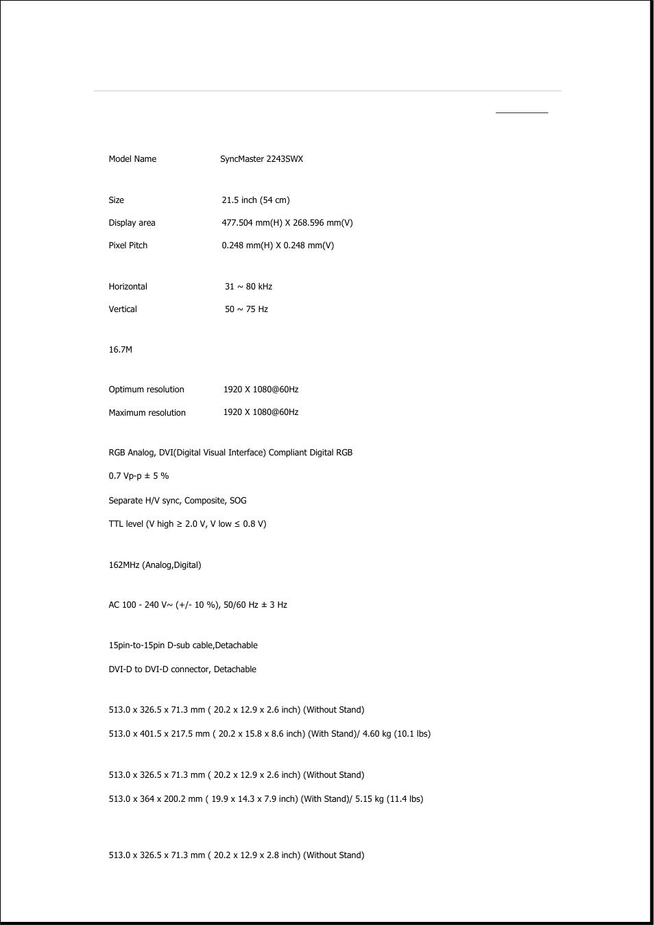 Syncmaster 2243swx, Specifications, General | Samsung 2243QW User Manual | Page 457 / 564