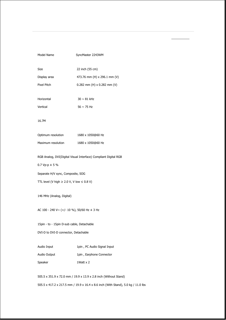 Syncmaster 2243wm, Specifications, General | Samsung 2243QW User Manual | Page 465 / 564