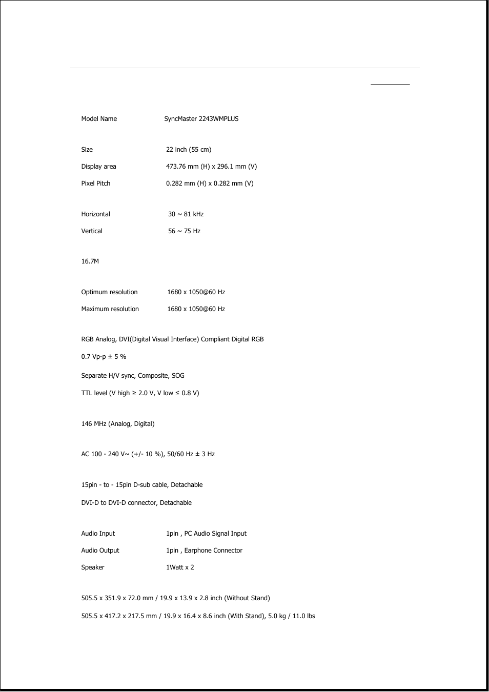 Syncmaster 2243wmplus, Specifications, General | Samsung 2243QW User Manual | Page 469 / 564