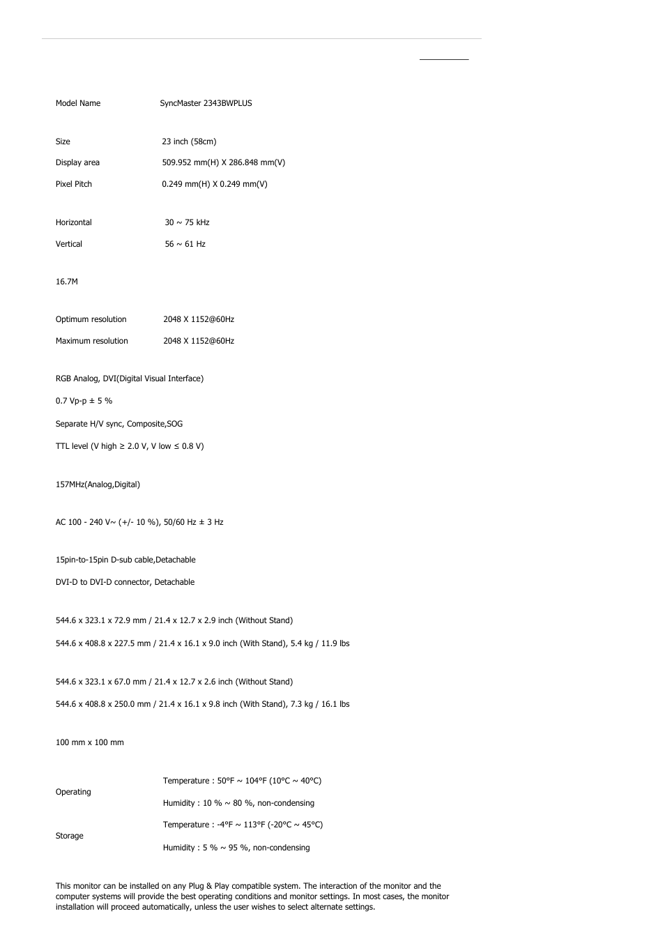 Syncmaster 2343bwplus, Specifications, General | Samsung 2243QW User Manual | Page 477 / 564