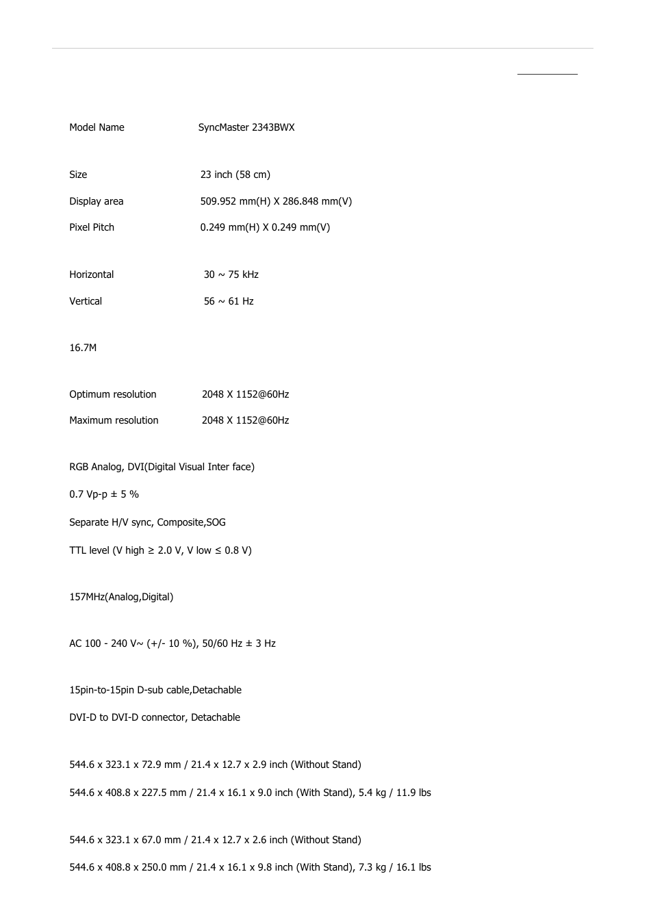Syncmaster 2343bwx, Specifications, General | Samsung 2243QW User Manual | Page 481 / 564