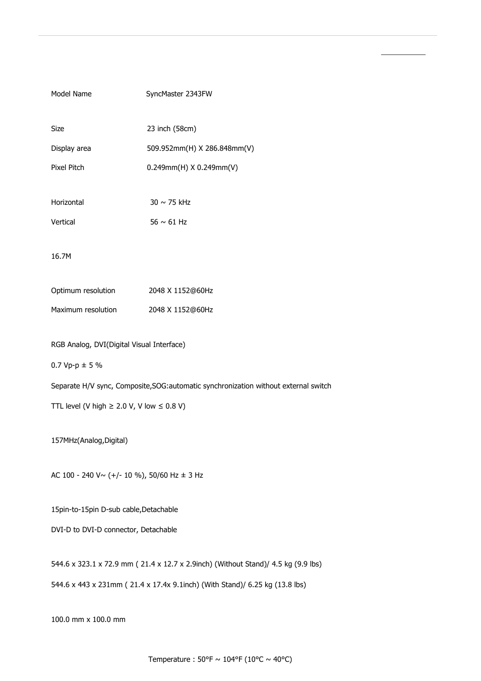 Syncmaster 2343fw, Specifications, General | Samsung 2243QW User Manual | Page 489 / 564