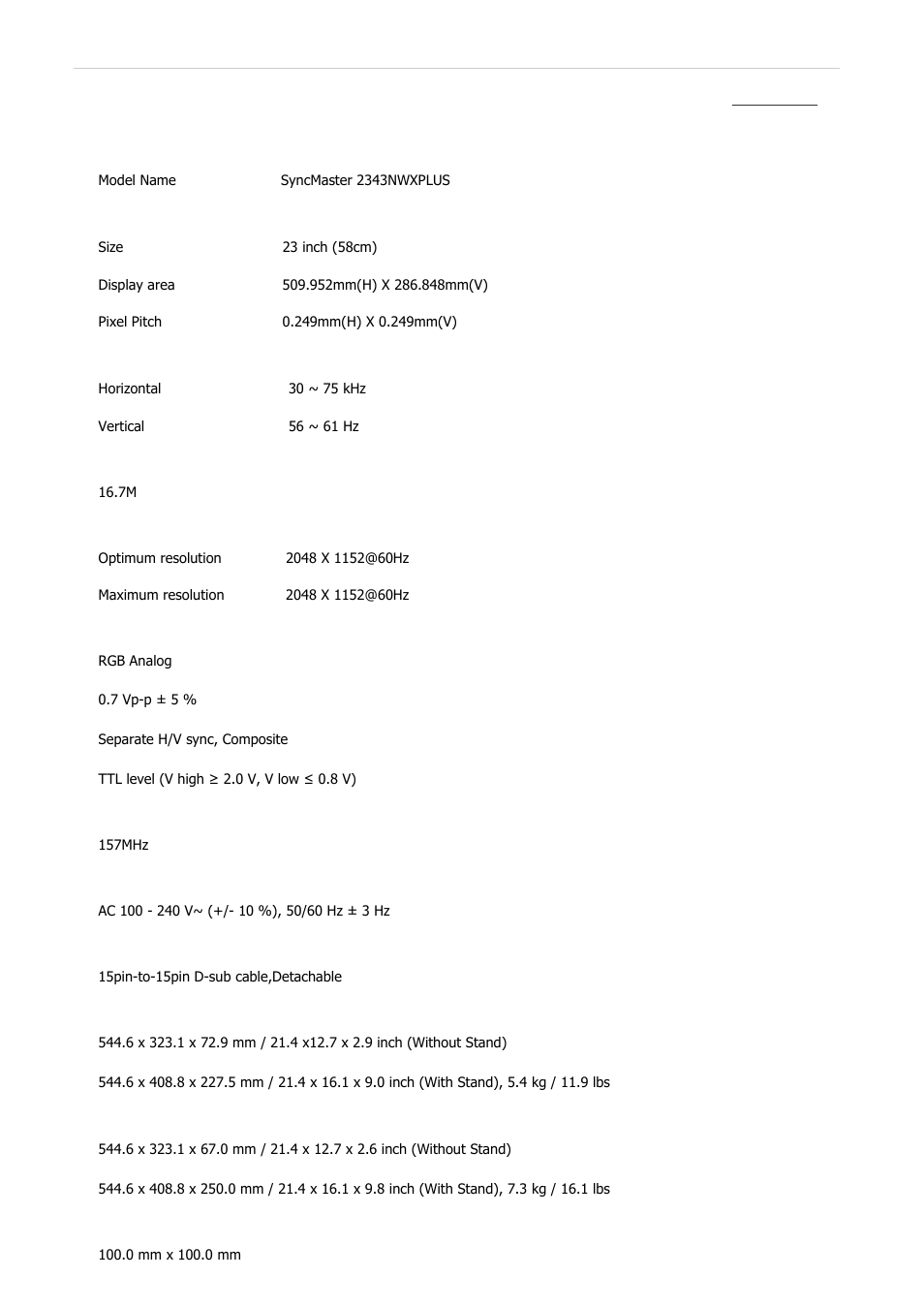 Syncmaster 2343nwxplus, Specifications, General | Samsung 2243QW User Manual | Page 505 / 564