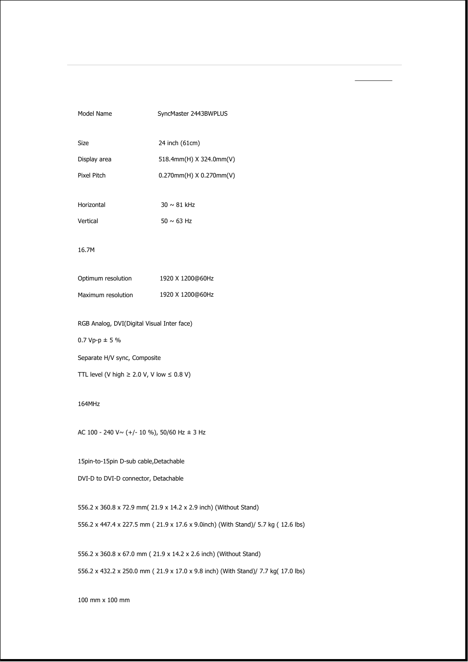 Syncmaster 2443bwplus, Specifications, General | Samsung 2243QW User Manual | Page 513 / 564