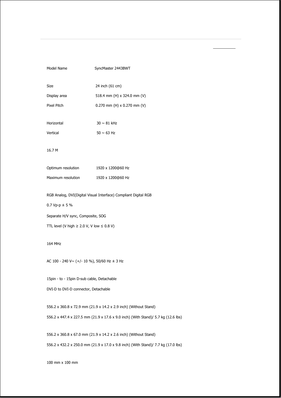 Syncmaster 2443bwt, Specifications, General | Samsung 2243QW User Manual | Page 517 / 564