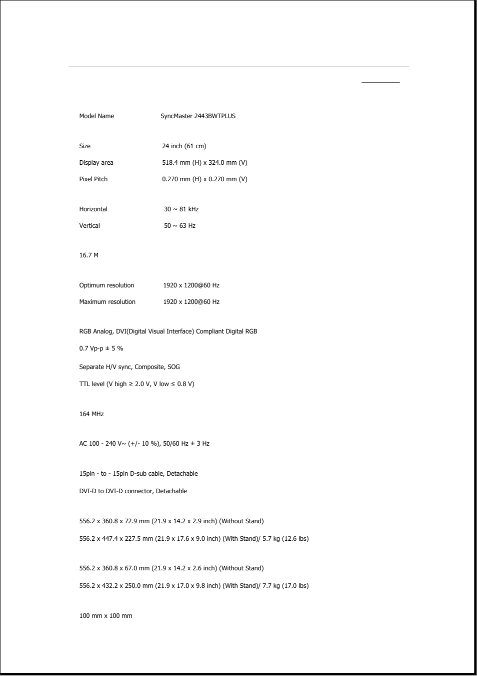Syncmaster 2443bwtplus, Specifications, General | Samsung 2243QW User Manual | Page 521 / 564