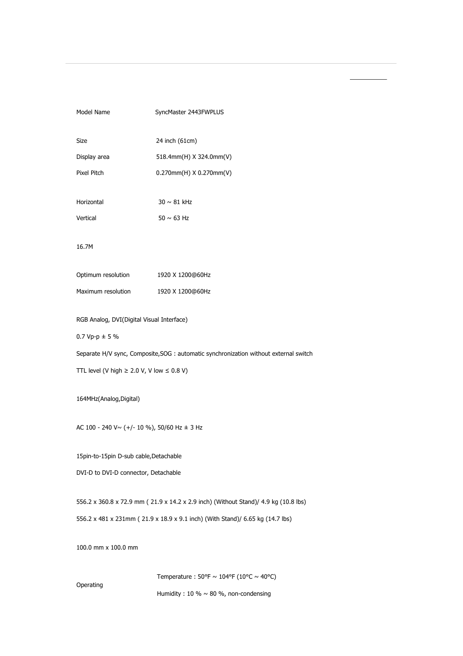 Syncmaster 2443fwplus, Specifications, General | Samsung 2243QW User Manual | Page 537 / 564