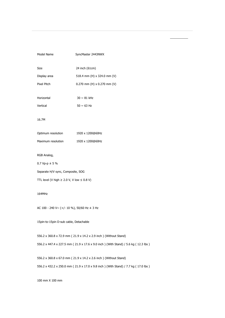 Syncmaster 2443nwx, Specifications, General | Samsung 2243QW User Manual | Page 549 / 564