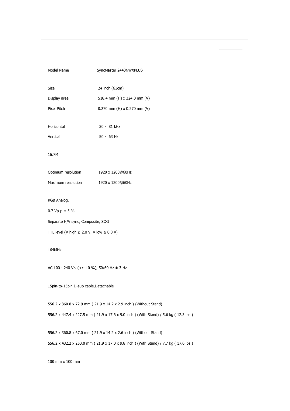 Syncmaster 2443nwxplus, Specifications, General | Samsung 2243QW User Manual | Page 553 / 564