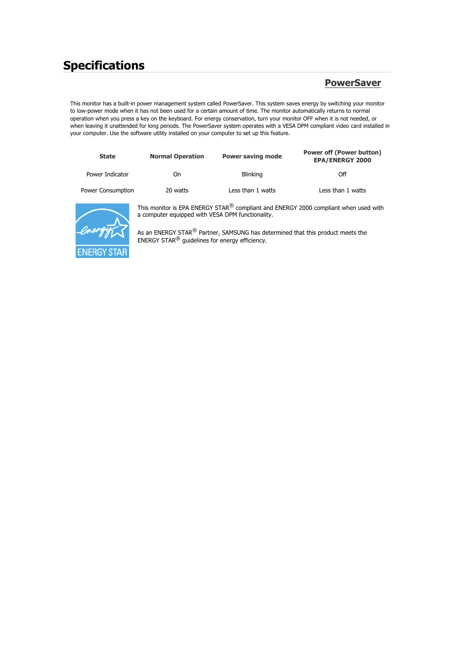 Specifications, Powersaver | Samsung 2243QW User Manual | Page 56 / 564