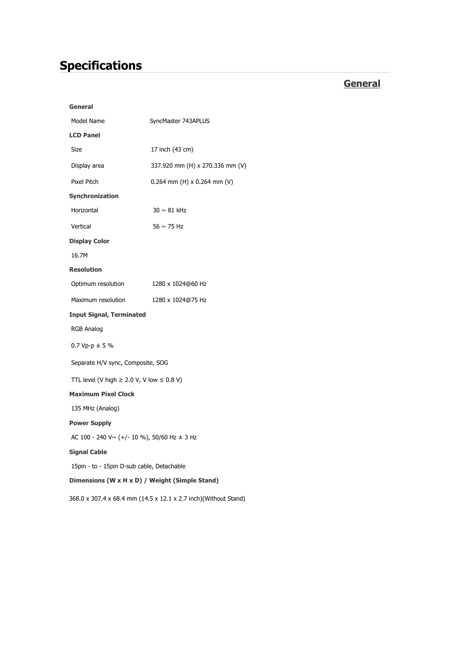 Specifications, General | Samsung 2243QW User Manual | Page 58 / 564