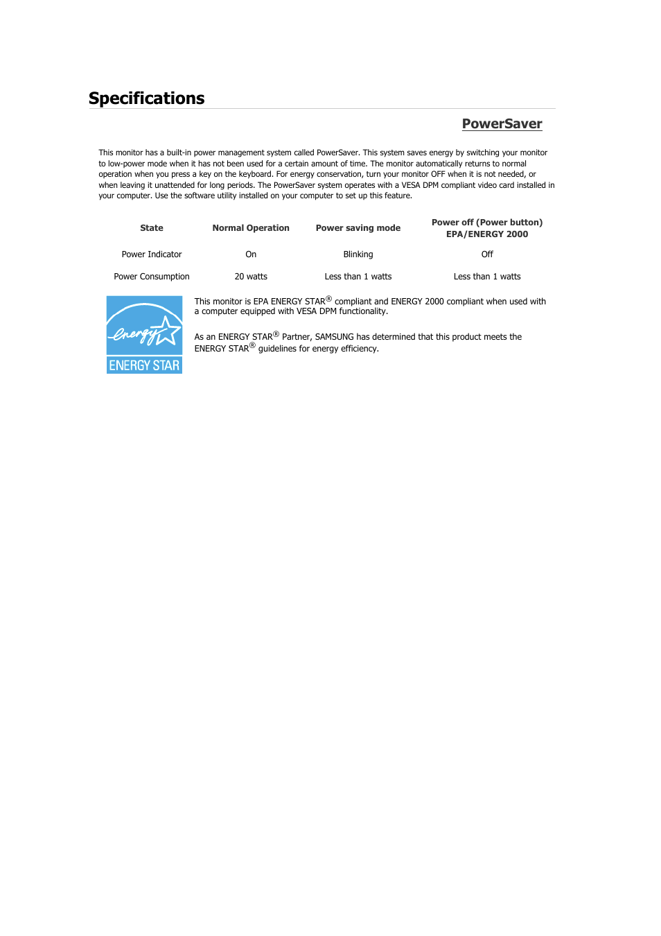 Specifications, Powersaver | Samsung 2243QW User Manual | Page 60 / 564