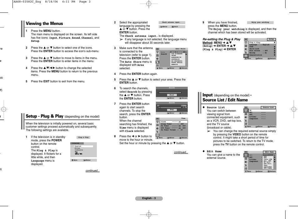 Viewing the menus, Setup - plug & play (depending on the model), Input | Source list / edit name, Setup - plug & play | Samsung CRT Rear-Projection TV User Manual | Page 3 / 8