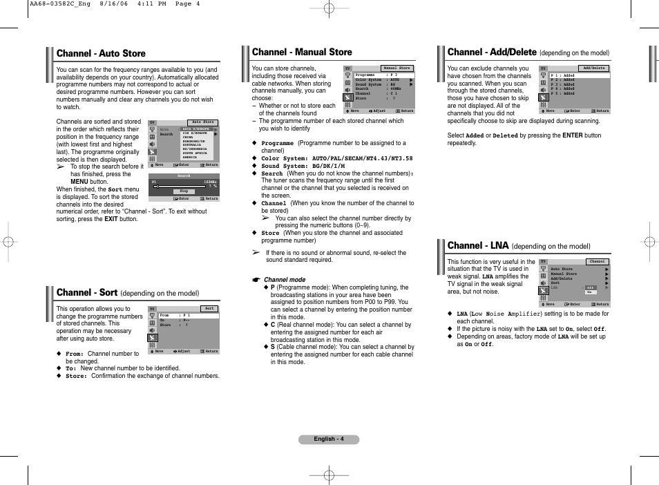 Channel - auto store, Channel - sort (depending on the model), Channel - manual store | Channel - add/delete (depending on the model), Channel - lna (depending on the model), Channel - lna, Channel - add/delete, Channel - sort | Samsung CRT Rear-Projection TV User Manual | Page 4 / 8