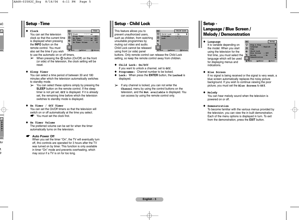 Setup - time, Setup - child lock | Samsung CRT Rear-Projection TV User Manual | Page 5 / 8