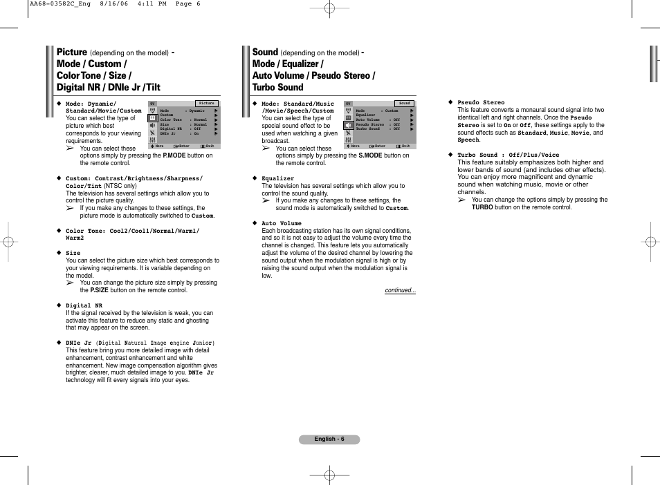 Picture, Sound | Samsung CRT Rear-Projection TV User Manual | Page 6 / 8