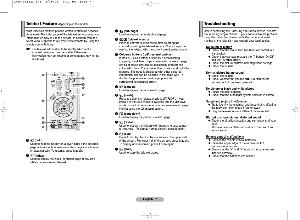 Teletext feature (depending on the model), Troubleshooting, Teletext feature | Samsung CRT Rear-Projection TV User Manual | Page 7 / 8