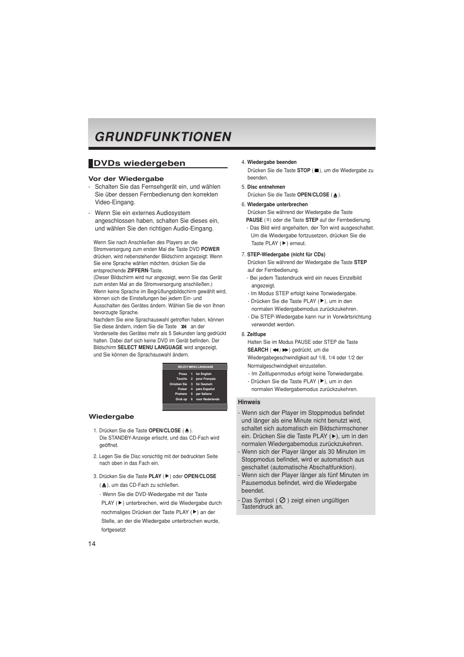 Grundfunktionen, Dvds wiedergeben | Samsung DVD-1080PK User Manual | Page 130 / 156