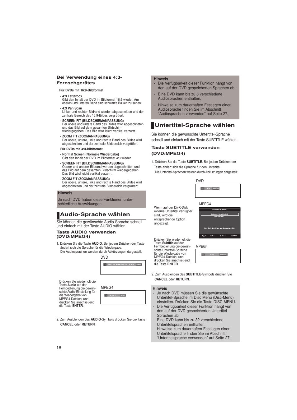 Audio-sprache wählen, Untertitel-sprache wählen | Samsung DVD-1080PK User Manual | Page 134 / 156