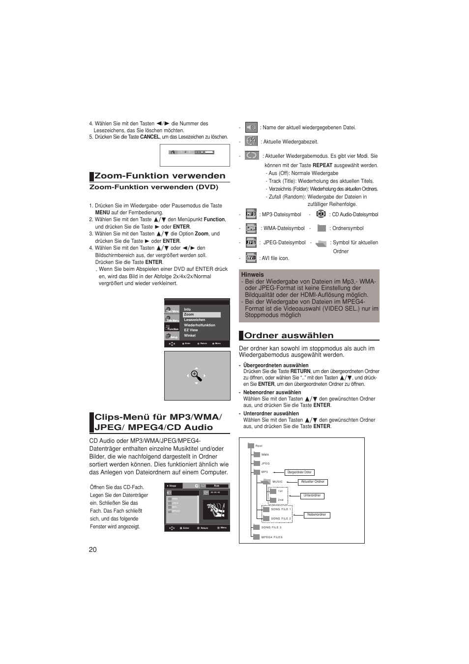 Zoom-funktion verwenden, Clips-menü für mp3/wma/ jpeg/ mpeg4/cd audio, Ordner auswählen | Samsung DVD-1080PK User Manual | Page 136 / 156