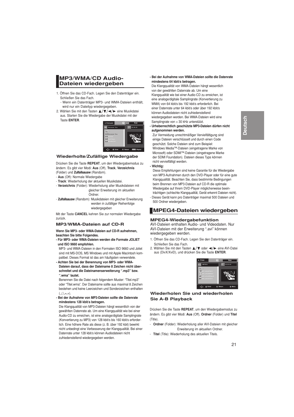 Deutsch mp3/wma/cd audio- dateien wiedergeben, Mpeg4-dateien wiedergeben | Samsung DVD-1080PK User Manual | Page 137 / 156