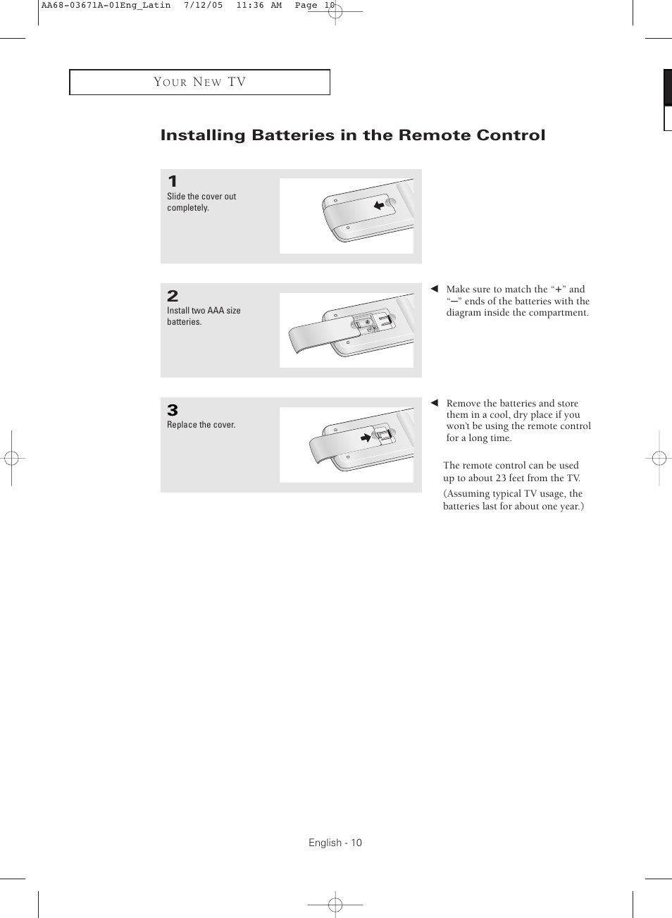 Installing batteries in the remote control | Samsung CL21M2 User Manual | Page 10 / 60