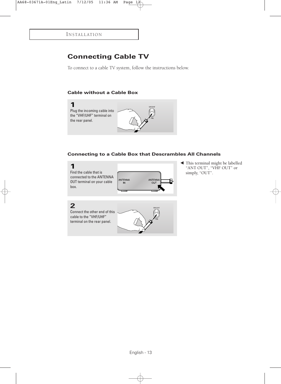 Connecting cable tv, Cable without a cable box | Samsung CL21M2 User Manual | Page 13 / 60