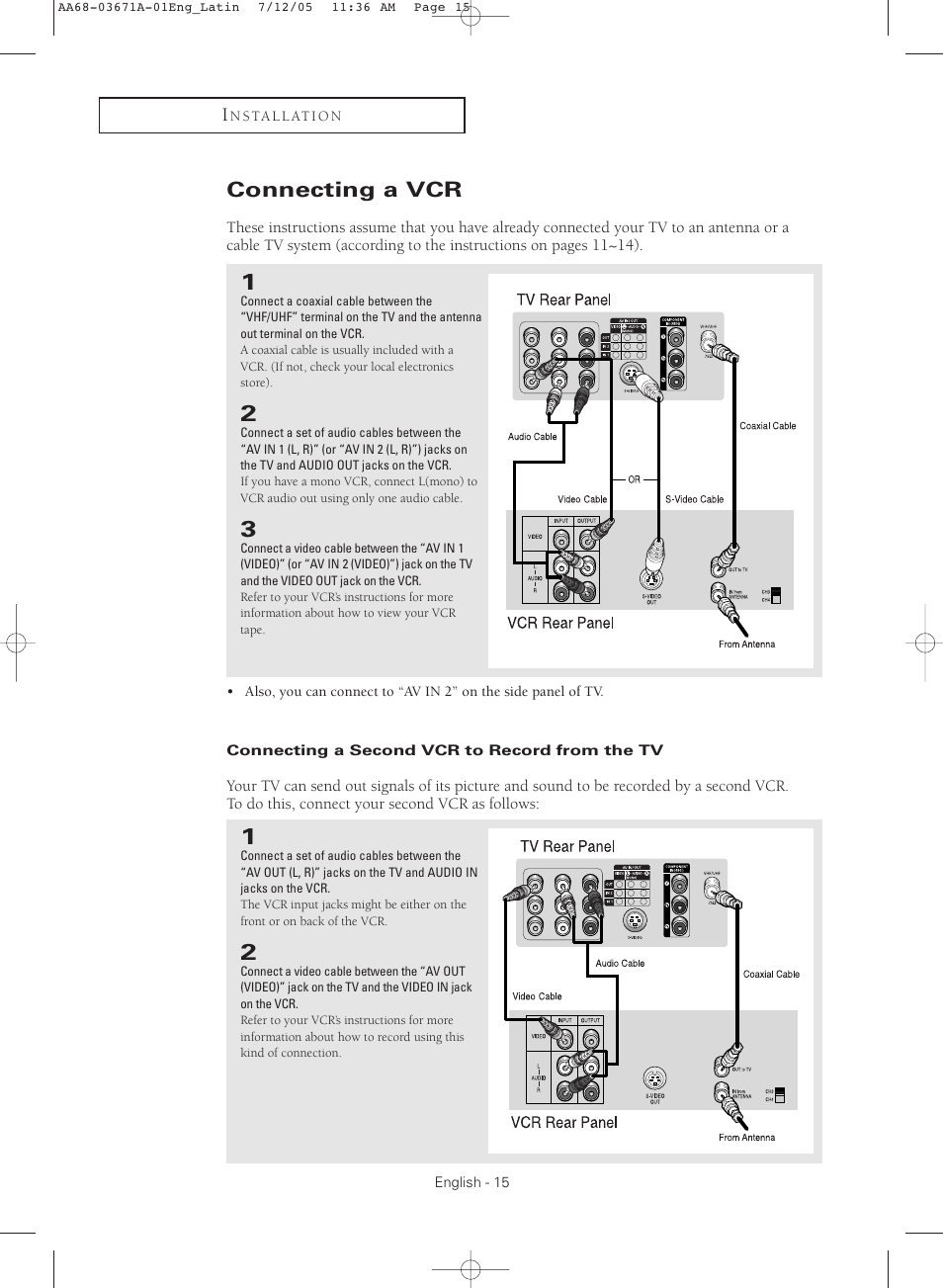 Connecting a vcr, Connecting a second vcr to record from the tv | Samsung CL21M2 User Manual | Page 15 / 60