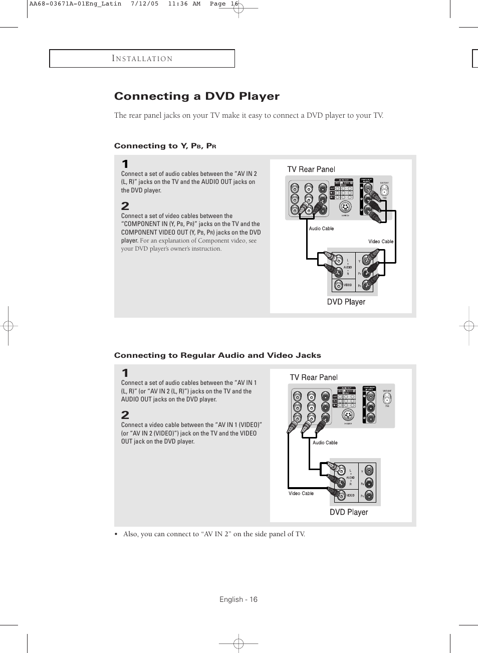 Connecting a dvd player, Connecting to y, pb, pr, Connecting to regular audio and video jacks | Samsung CL21M2 User Manual | Page 16 / 60