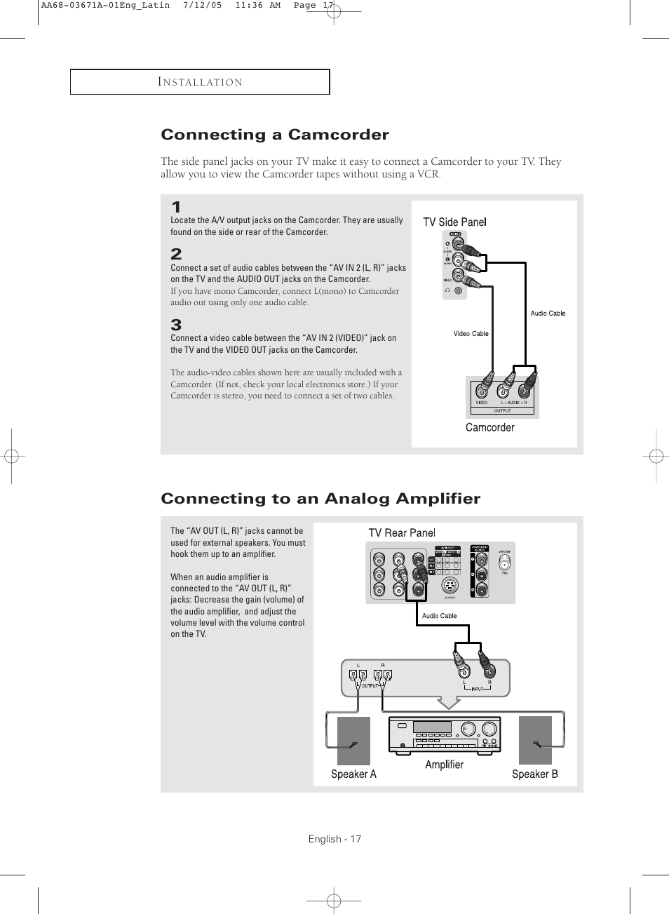 Connecting a camcorder, Connecting to an analog amplifier | Samsung CL21M2 User Manual | Page 17 / 60