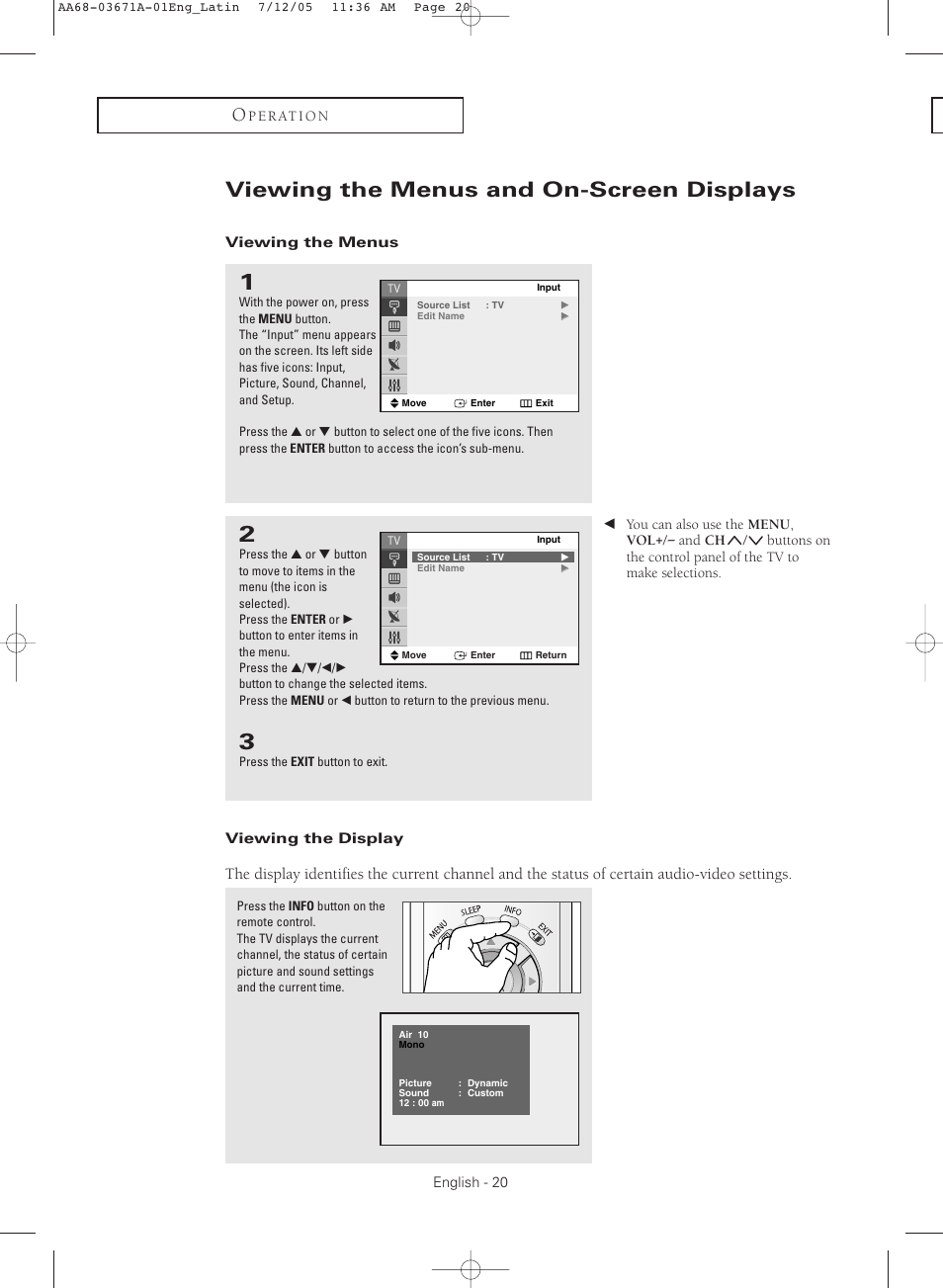 Viewing the menus and on-screen displays, Viewing the menus, Viewing the display | Samsung CL21M2 User Manual | Page 20 / 60