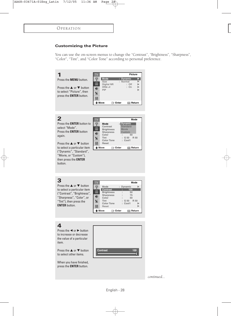 Customizing the picture, Continued | Samsung CL21M2 User Manual | Page 28 / 60