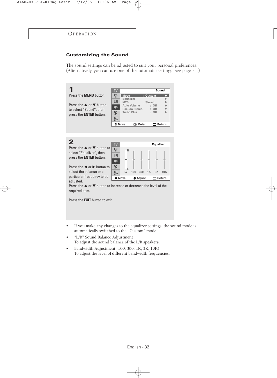 Customizing the sound | Samsung CL21M2 User Manual | Page 32 / 60