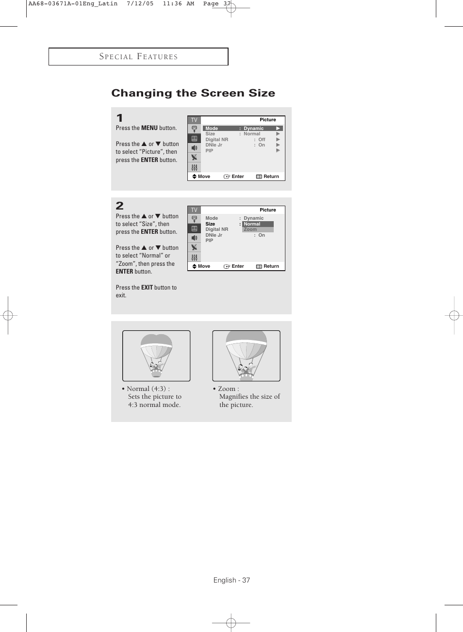 Changing the screen size | Samsung CL21M2 User Manual | Page 37 / 60