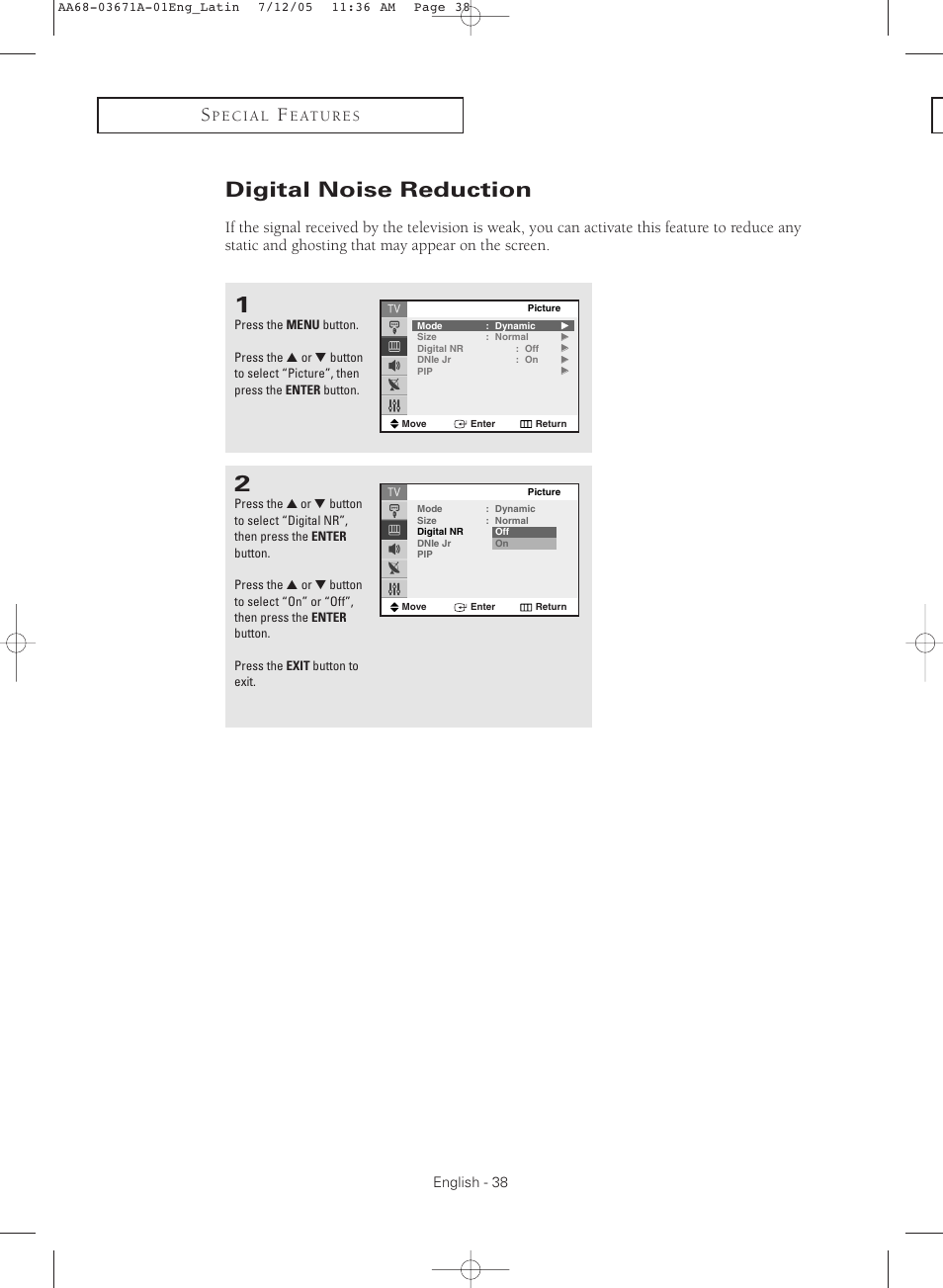 Digital noise reduction | Samsung CL21M2 User Manual | Page 38 / 60