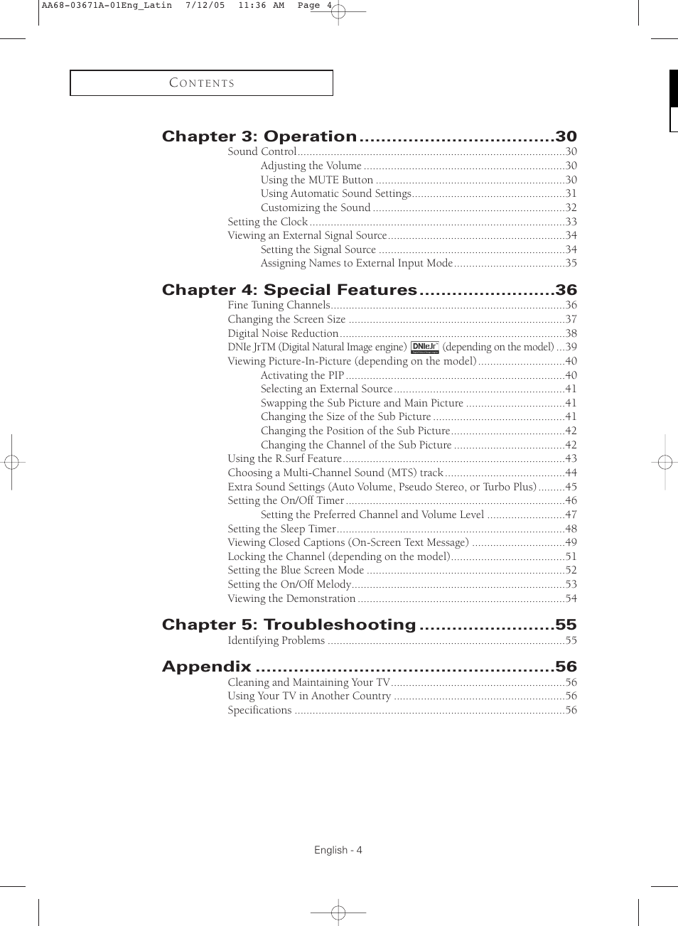 Chapter 3: operation, Chapter 4: special features, Chapter 5: troubleshooting | Appendix | Samsung CL21M2 User Manual | Page 4 / 60