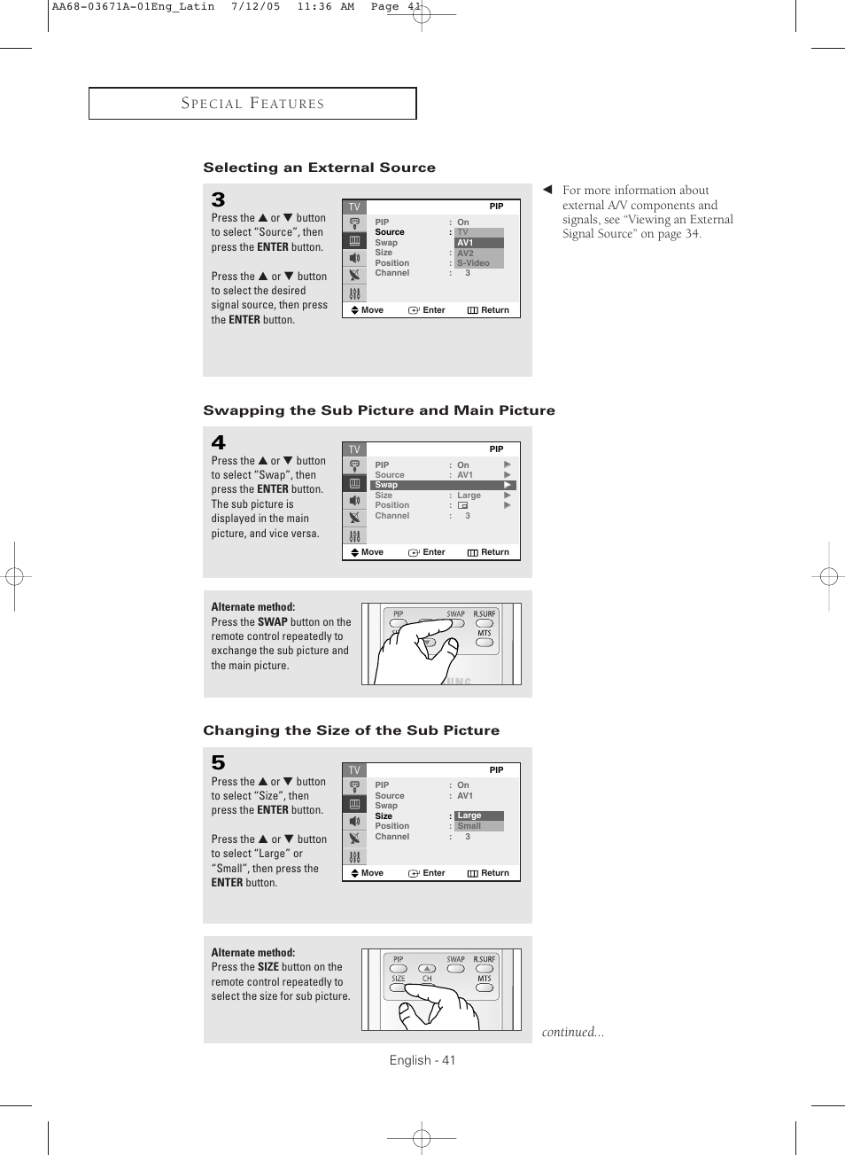 Selecting an external source, Swapping the sub picture and main picture, Changing the size of the sub picture | Continued | Samsung CL21M2 User Manual | Page 41 / 60