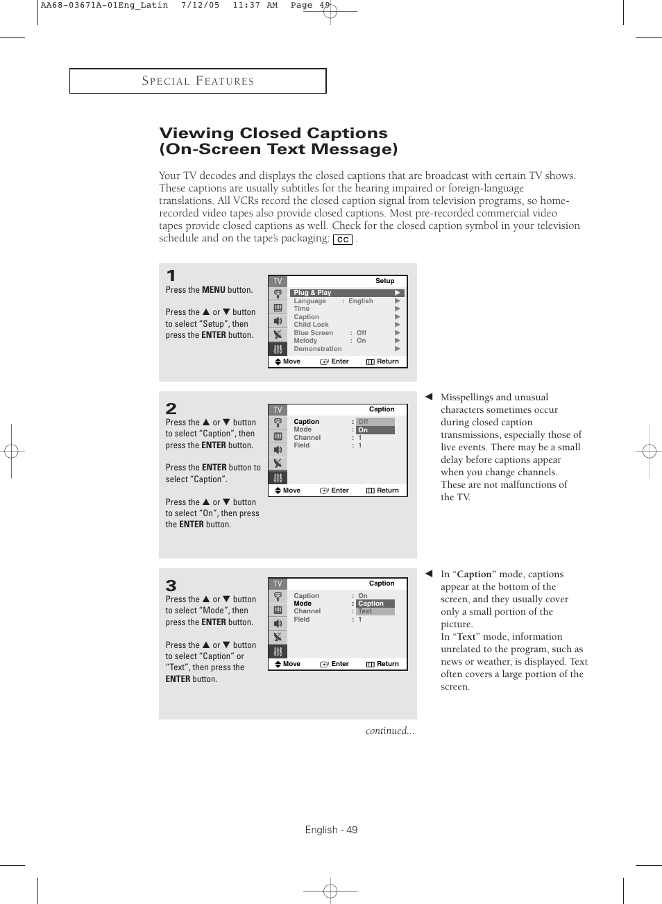 Viewing closed captions (on-screen text message), Continued | Samsung CL21M2 User Manual | Page 49 / 60