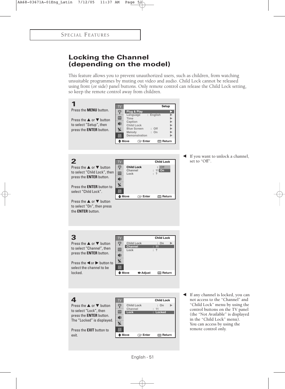 Locking the channel (depending on the model) | Samsung CL21M2 User Manual | Page 51 / 60