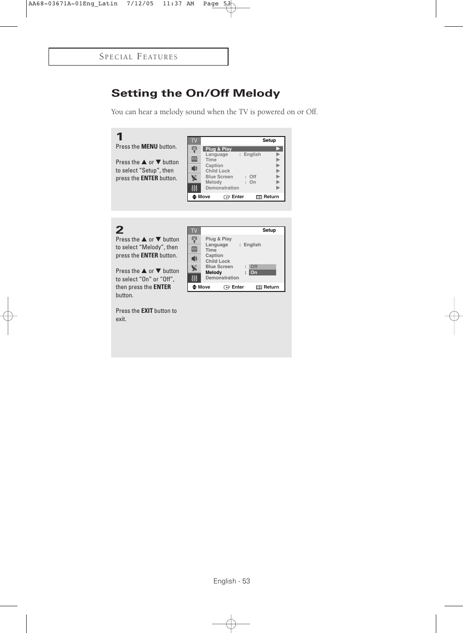 Setting the on/off melody | Samsung CL21M2 User Manual | Page 53 / 60