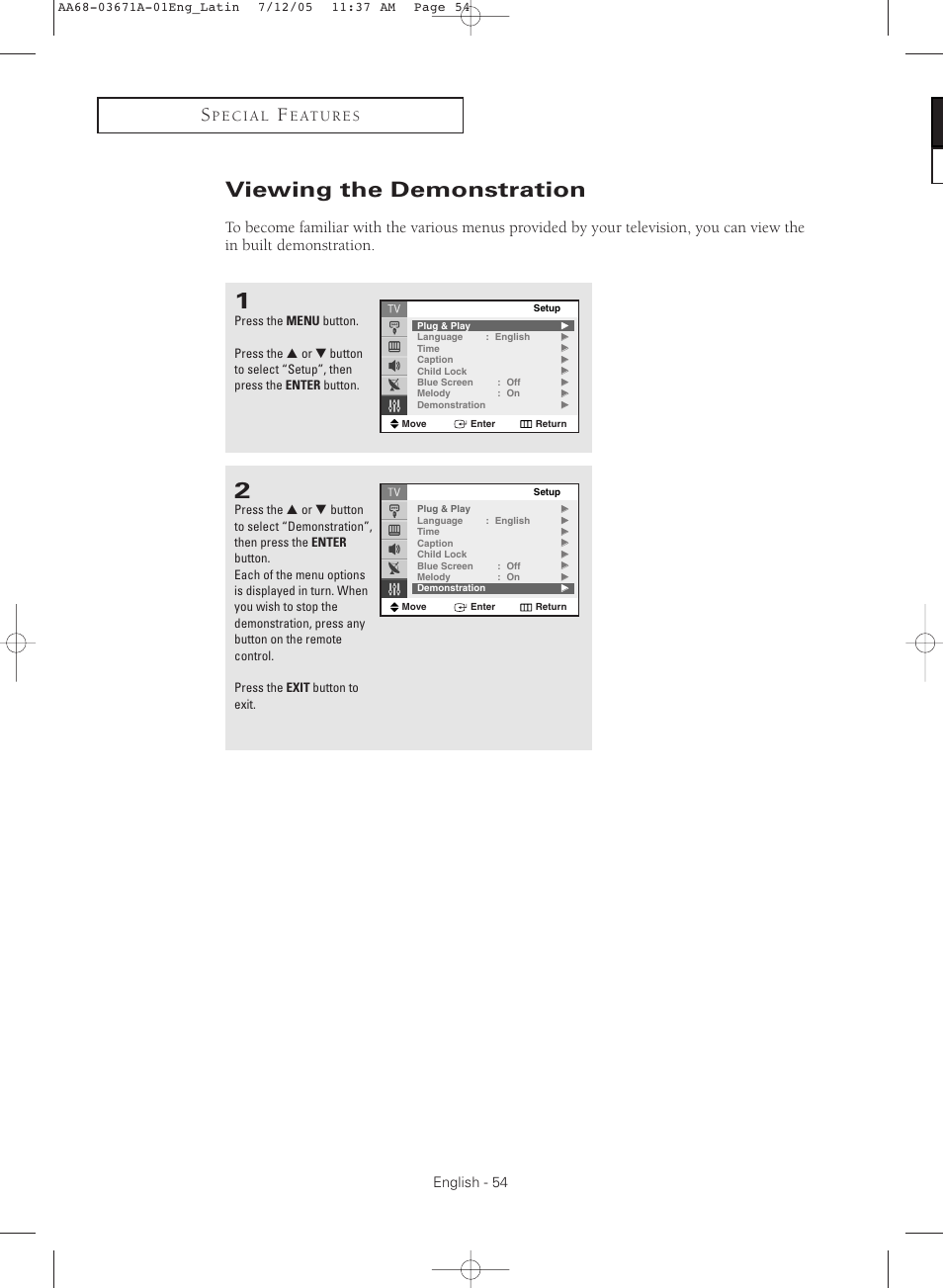 Viewing the demonstration | Samsung CL21M2 User Manual | Page 54 / 60